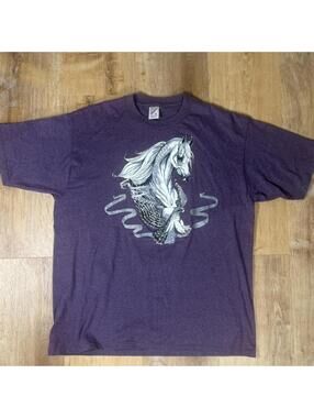 90s purple horse graphic tee with silver accents